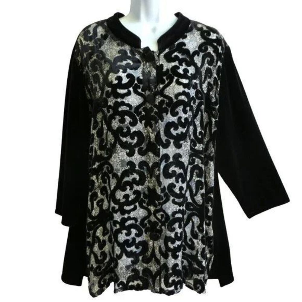 Chico's Travelers Jacket 2 Large Black Top Blouse Silk Velvet Burnout Button Up